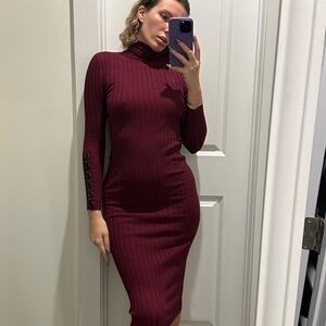 Zara Maroon Ribbed Long Sleeve Dress